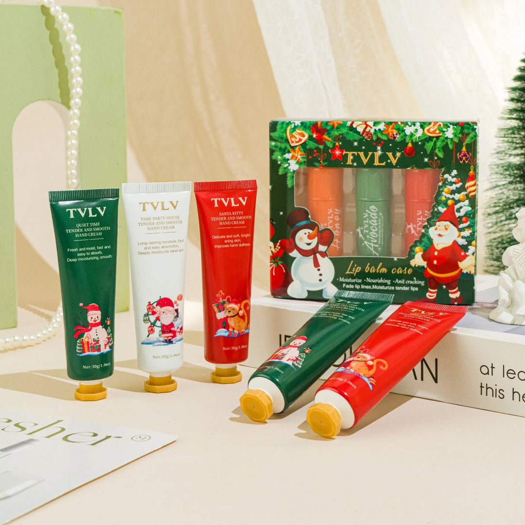 Christmas Moisturizing Skincare Set - Hydrating Hand Cream & Nourishing Lip Balm, Ideal Holiday Gift for Women with Dry Skin