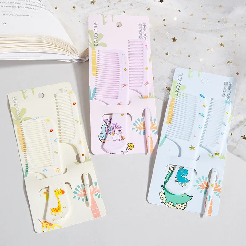 2pcs Cute Cartoon Animal Pattern Hair Comb Set, Fine Tooth Rat Tail Comb,  Baby Comb,Wide-Tooth Detangling Brush, Finishing Comb