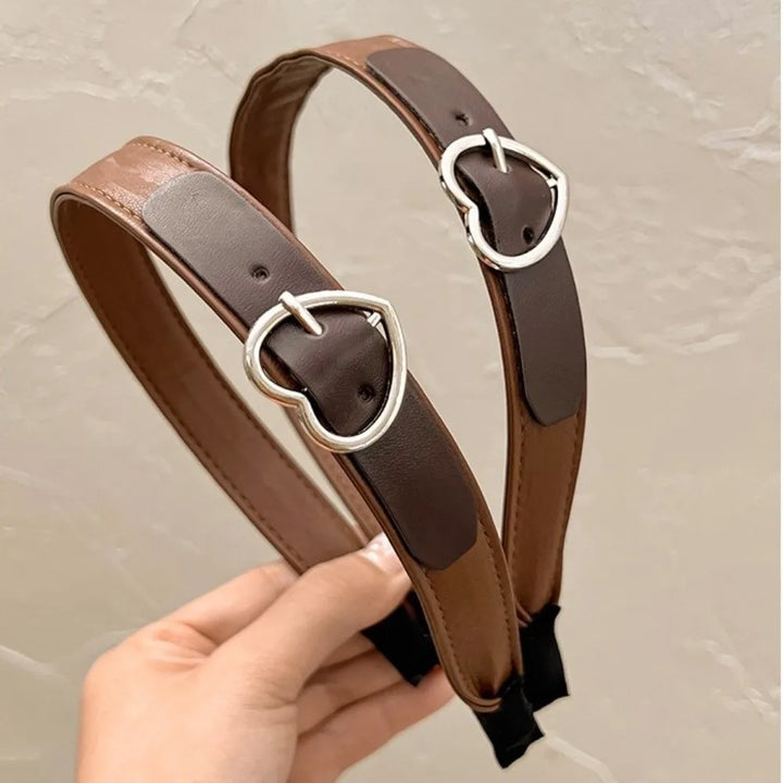 Fashion Leather Headband Heart-Shaped Buckle Coffee Brown Hairband Hair Accessories Wide Brim Hair Hoop
