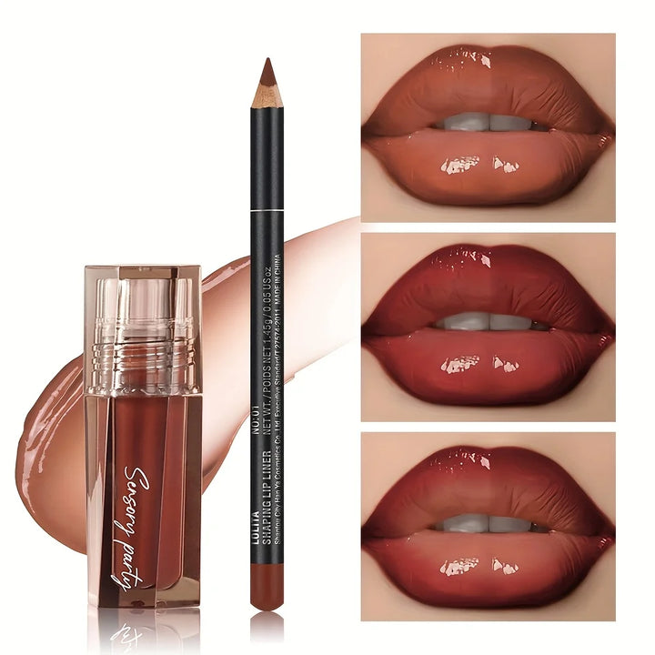 Hydrating Lip Gloss + Lip Liner Kit, 3D Precision Lip Contour, Plump Look, High Shine, Smudge-Resistant Wear