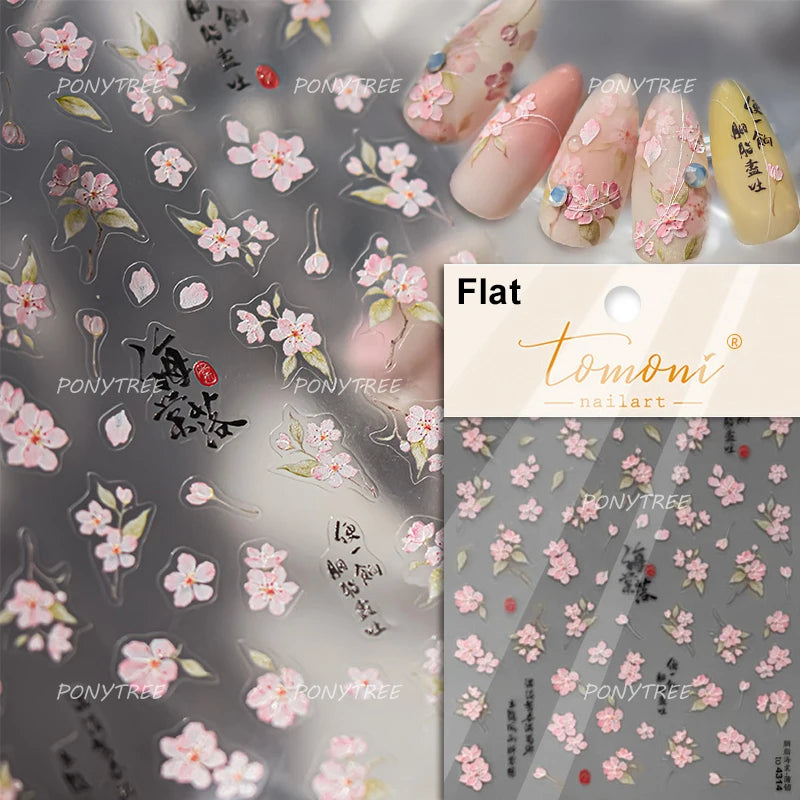 Flowers Blooming Cherry Blossom Sakura Living Peach Branch 5D Soft Relief Spring Adhesive Nail Art Sticker Chic Manicure Decals