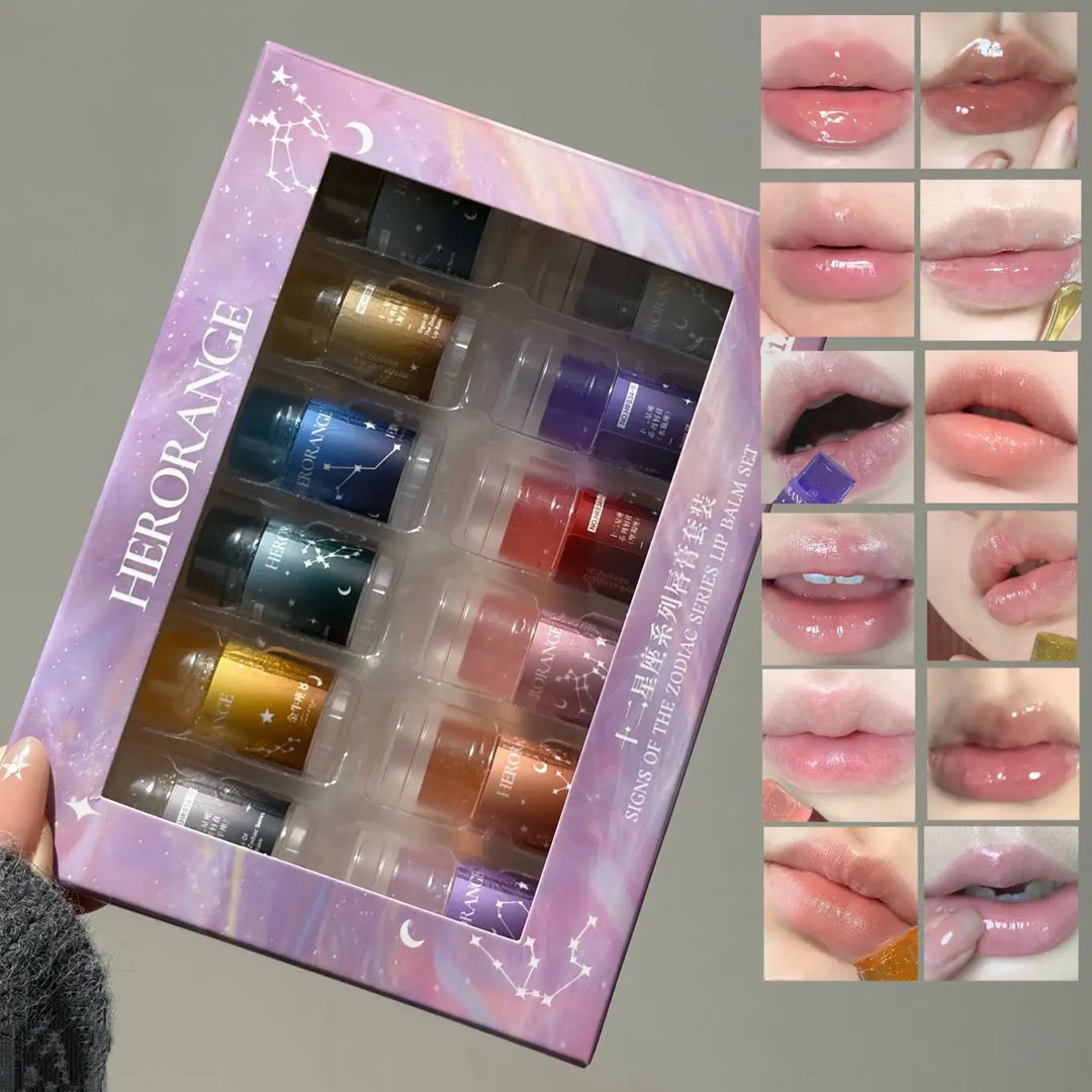 Herorange 12 Zodiac Lip Balm Set, Glitter Hydrating Gloss Oil, Moist Shiny Lip Tint Kit Daily Girly Lip Gift Pack