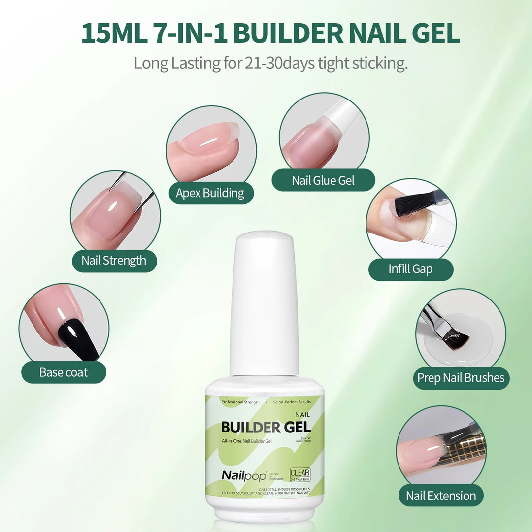 Nailpop 15ml Builder Gel Nail Polish for Nail Apex & Extension Strengthener Upgraded Soak Off UV Gel Rhinestone Glue 4 Colors