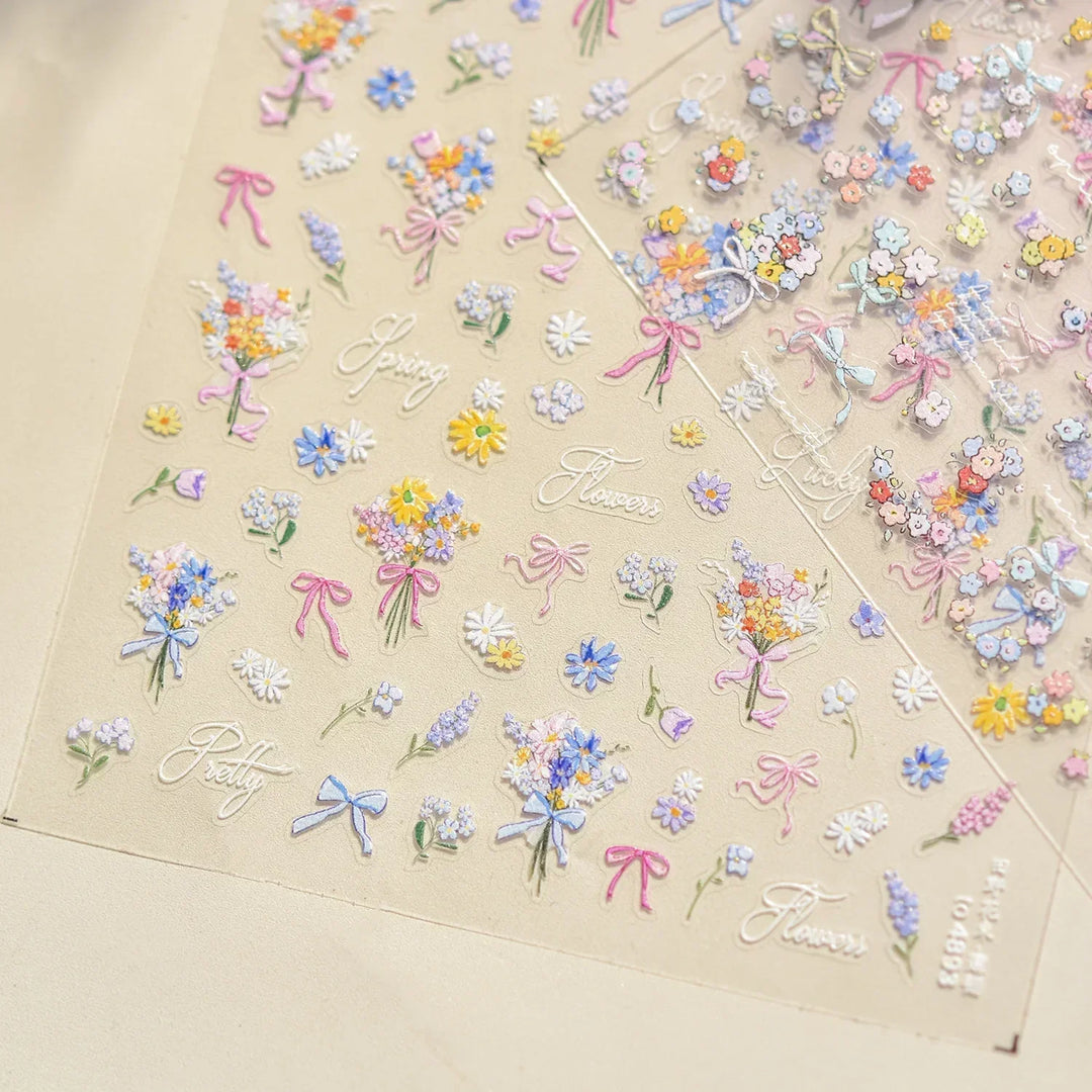 Lace Garden Bowknot Bow Tie Rose Flower Petal Pearl Irregular Border Self Adhesive 5D Nail Art Decoration Sticker Manicure Decal