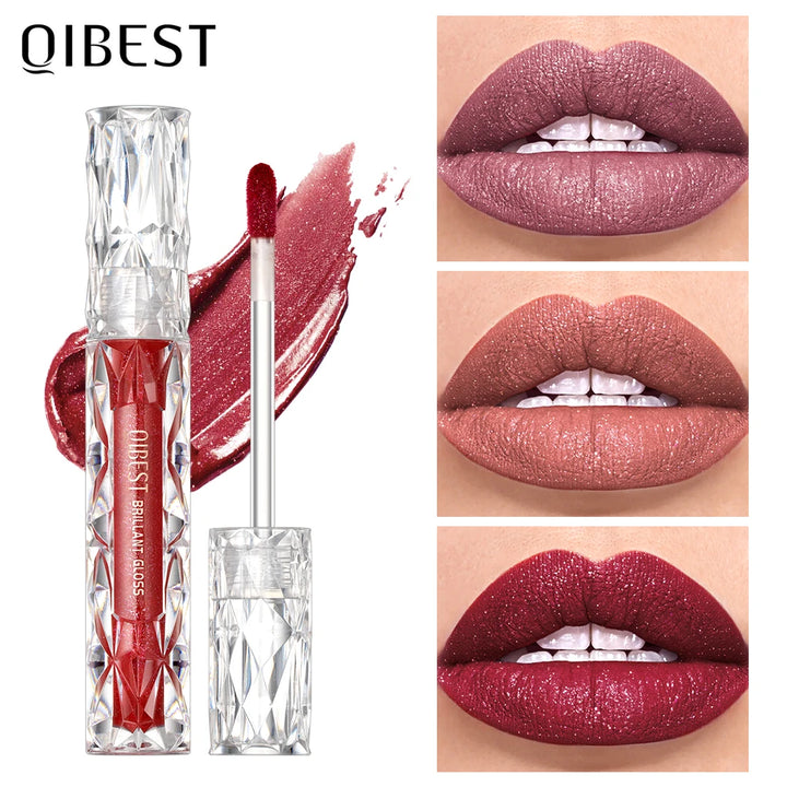 QIBEST Shimmer Lip Gloss Diamond Glitter Lip Tint Waterproof Long Lasting Matte Liquid Lipstick Red Purple Lipgloss Women Makeup