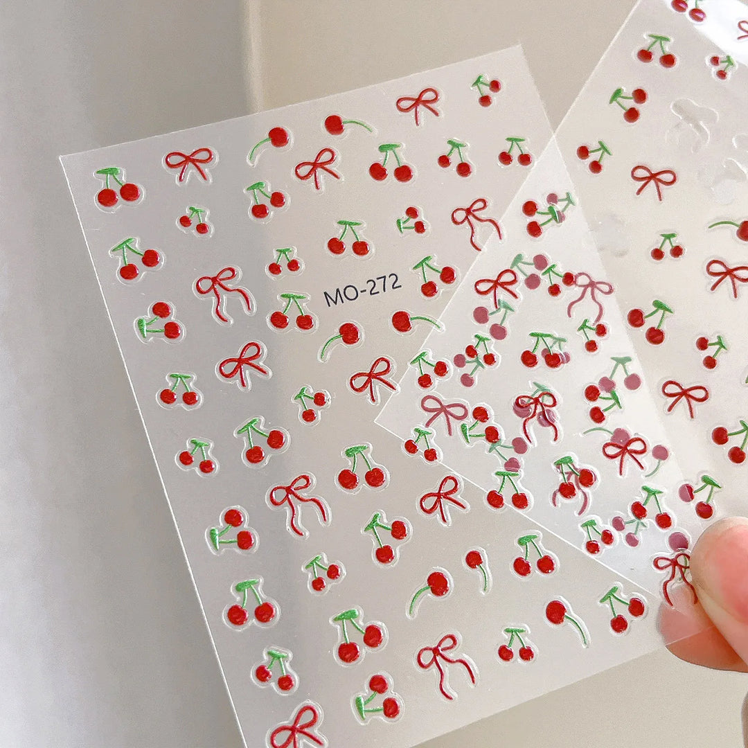 Kawaii Cherry Bow Nail Stickers 5D French Cute Red Bow Fruit Design Self Adhesive Decoration Nails Stickers DIY Nail Accessories