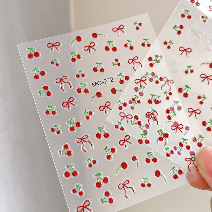 Kawaii Cherry Bow Nail Stickers 5D French Cute Red Bow Fruit Design Self Adhesive Decoration Nails Stickers DIY Nail Accessories