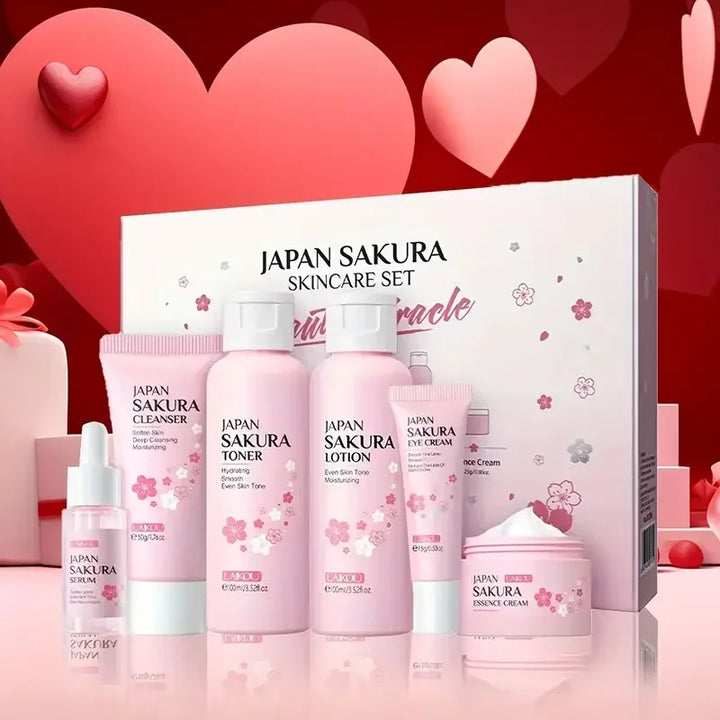 Sakura 6-Piece Skincare Gift Set for Autumn & Winter Deeply Hydrating Cleanser Toner Lotion Serum Eye Cream Essence Cream