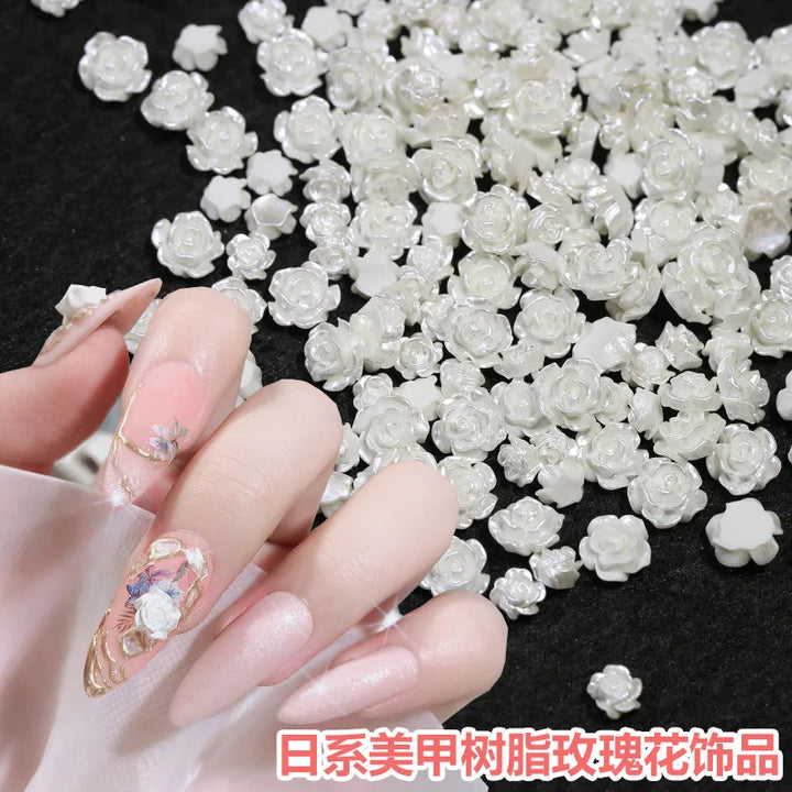 50pcs Cute New Resin Mini 3D White Plated Rose Nail Rhinestones Gems Glitter Nail Art Jewelry Manicure Nail Art Decorations