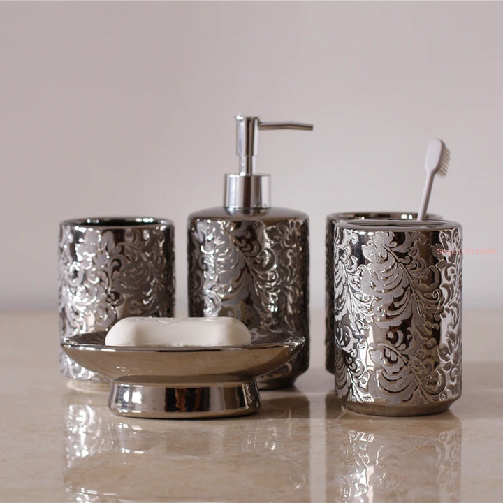Silver Ceramics Five Piece Set Gifts Soap Bottle Gargle Cup Soap Dish Toothbrush Holder Washing Tools Bathroom Toiletry Set