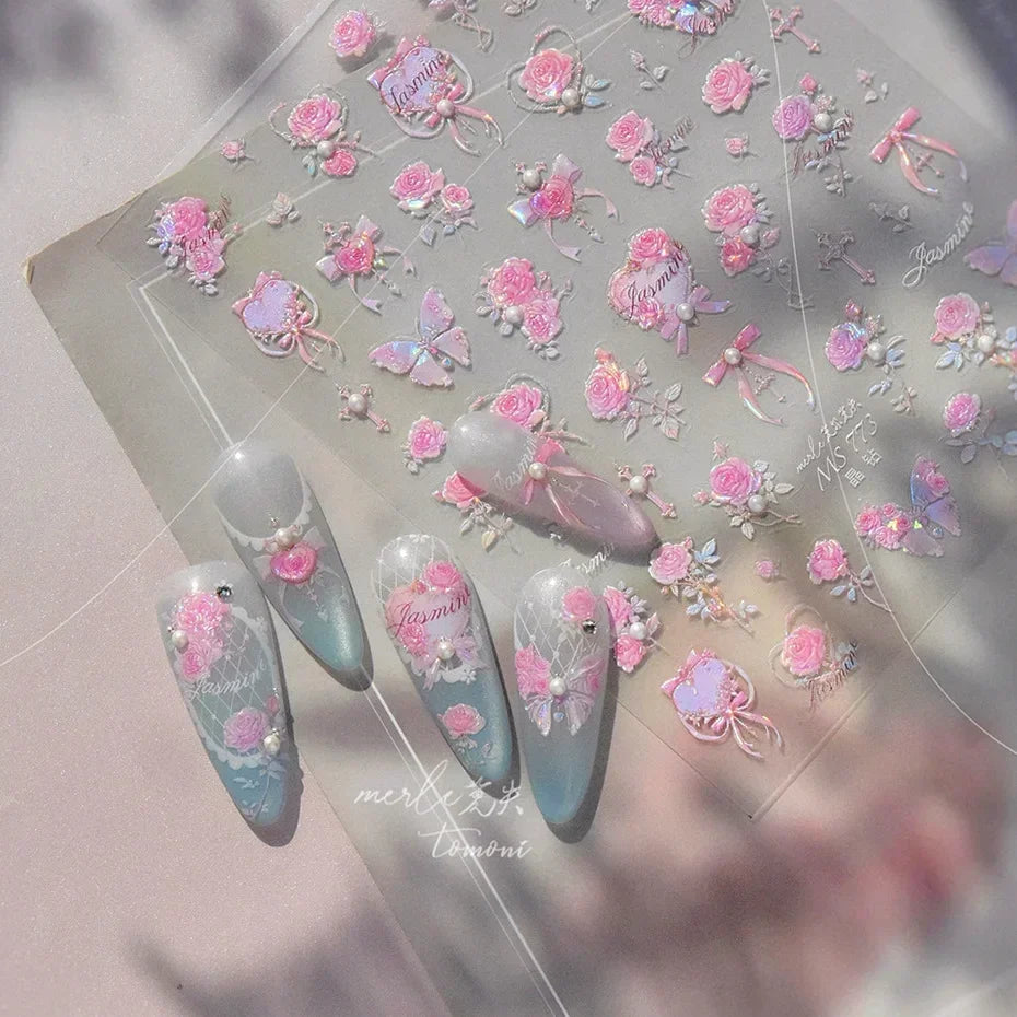 Lace Garden Bowknot Bow Tie Rose Flower Petal Pearl Irregular Border Self Adhesive 5D Nail Art Decoration Sticker Manicure Decal