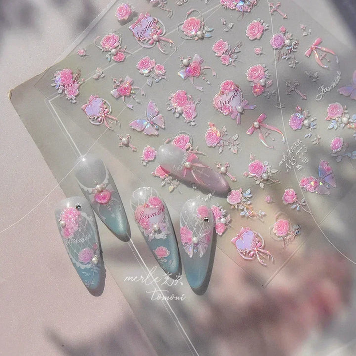 Lace Garden Bowknot Bow Tie Rose Flower Petal Pearl Irregular Border Self Adhesive 5D Nail Art Decoration Sticker Manicure Decal