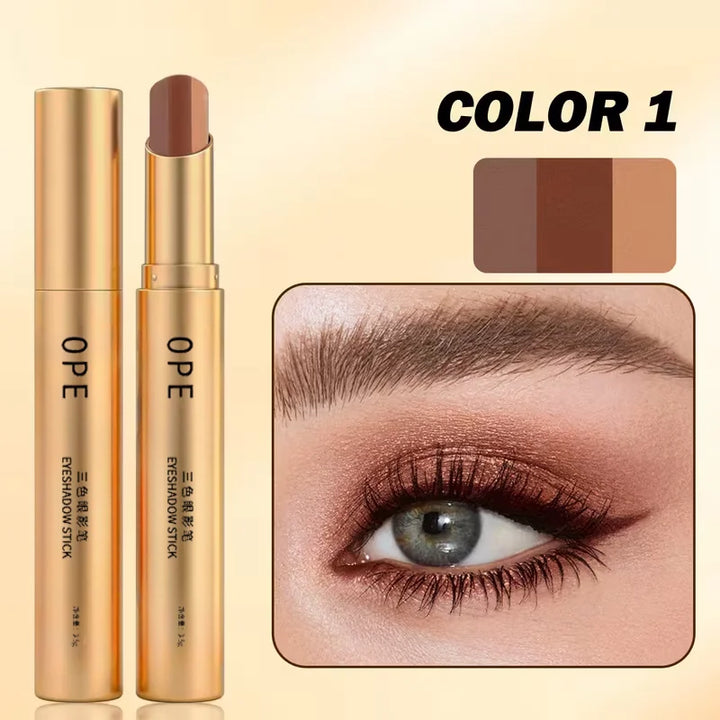 Three-Color Eyeshadow Stick, Shimmering Highlighter Eyeshadow Stick, Waterproof and Long-Lasting Pearlescent Metallic Eyeshadow