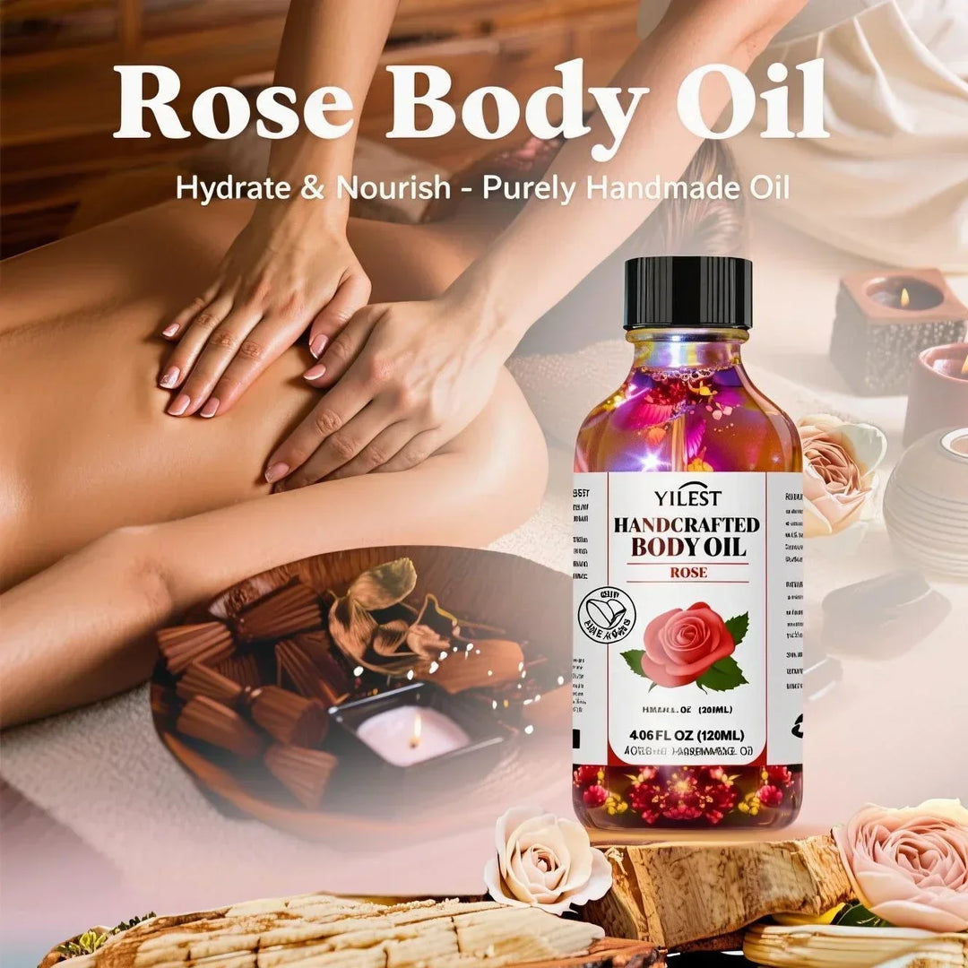 Handcrafted Rose Body Oil - 120ml Natural Blend for Dry Skin, with Jojoba & Sweet Almond Oil for Deep Hydration & Glowing Skin