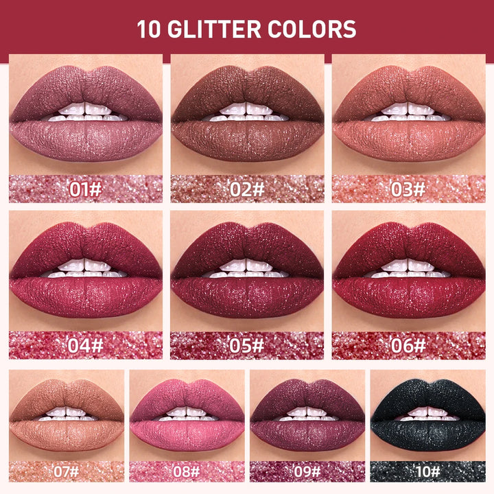 QIBEST Shimmer Lip Gloss Diamond Glitter Lip Tint Waterproof Long Lasting Matte Liquid Lipstick Red Purple Lipgloss Women Makeup