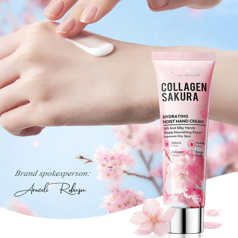SADOER Sakura Collagen Hand Cream Moisturizing & Nourishing, Brightening Care, Anti-Wrinkle Anti-Crack Cream for Hands 60G