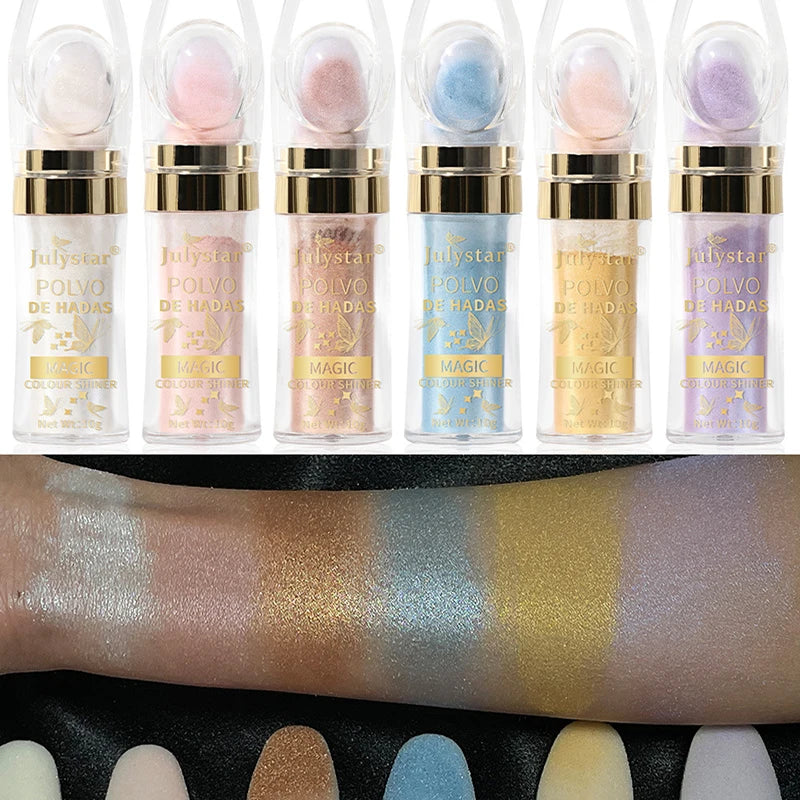 6 Colors Fairy Highlighter Pat Powder Glitter Polvo De Hadas Fashion Brighten Contour Blush Face Eyes Body Shimmer Powder Makeup