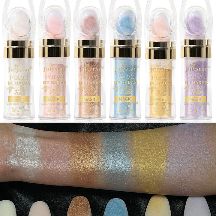 6 Colors Fairy Highlighter Pat Powder Glitter Polvo De Hadas Fashion Brighten Contour Blush Face Eyes Body Shimmer Powder Makeup