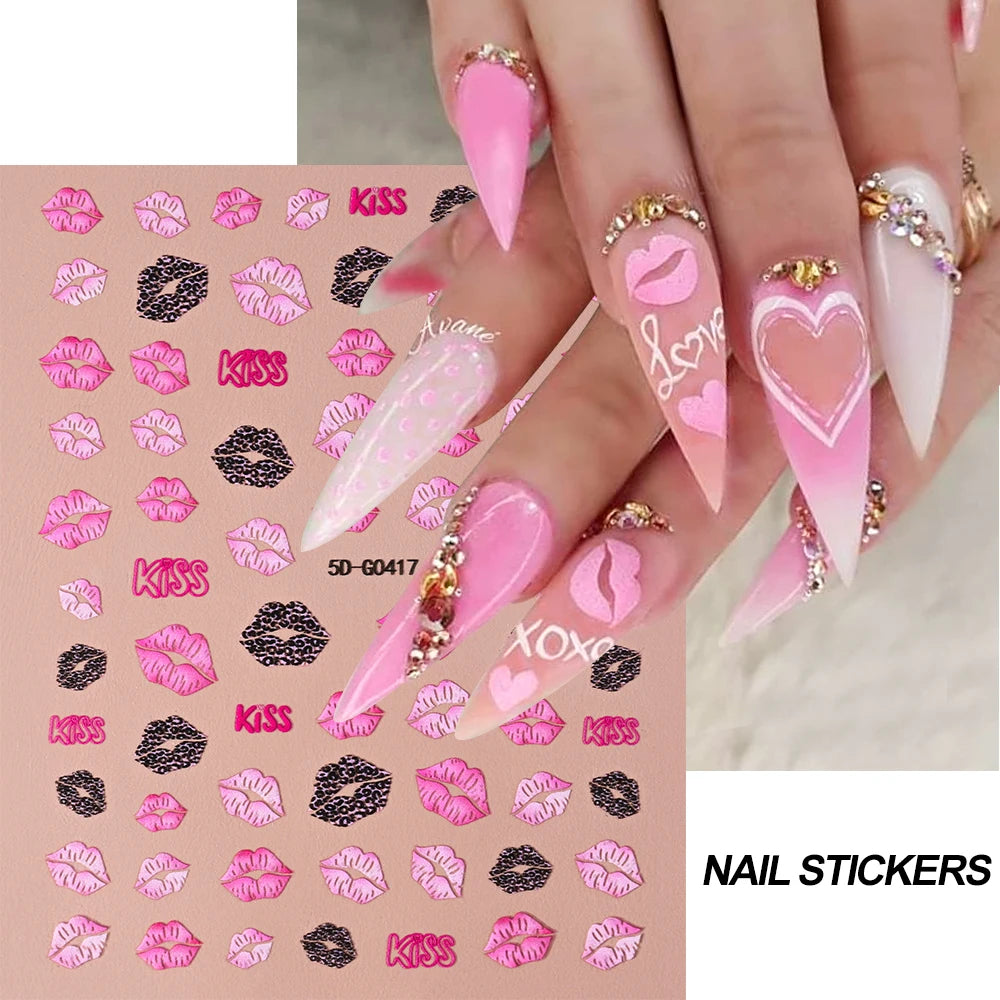 5D Embossed Sexy Red/Pink Lips Nail Stickers Self-Adhesive Blooming Red Lips Nail Decal Romantic Luxy Lady Lips Manicure Slider
