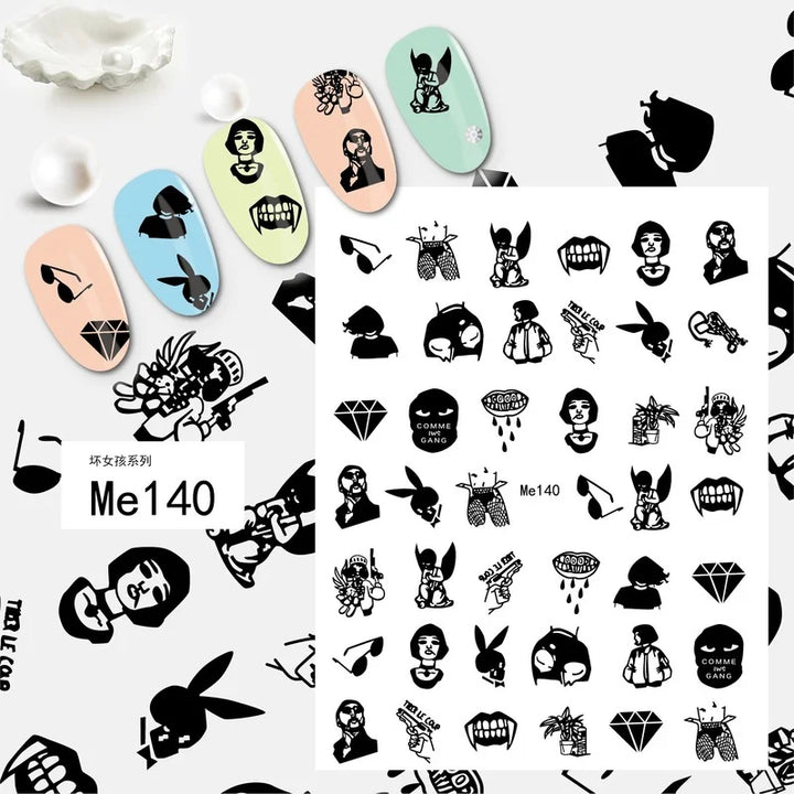 Nail Art Stickers Woman Girl Sexy Sticker Body Press on Nail Slider Black White Decal Decoration Nail Design Accessories Wraps