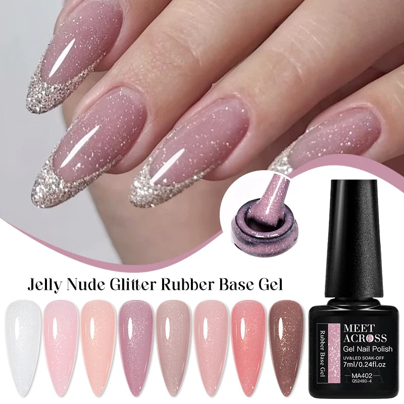 MEET ACROSS 7ml Jelly Nude Shimmer Rubber Base Gel Glitter Pink Purple UV/LED Nail Art Vernis Gel Polish for Manicure Nails DIY