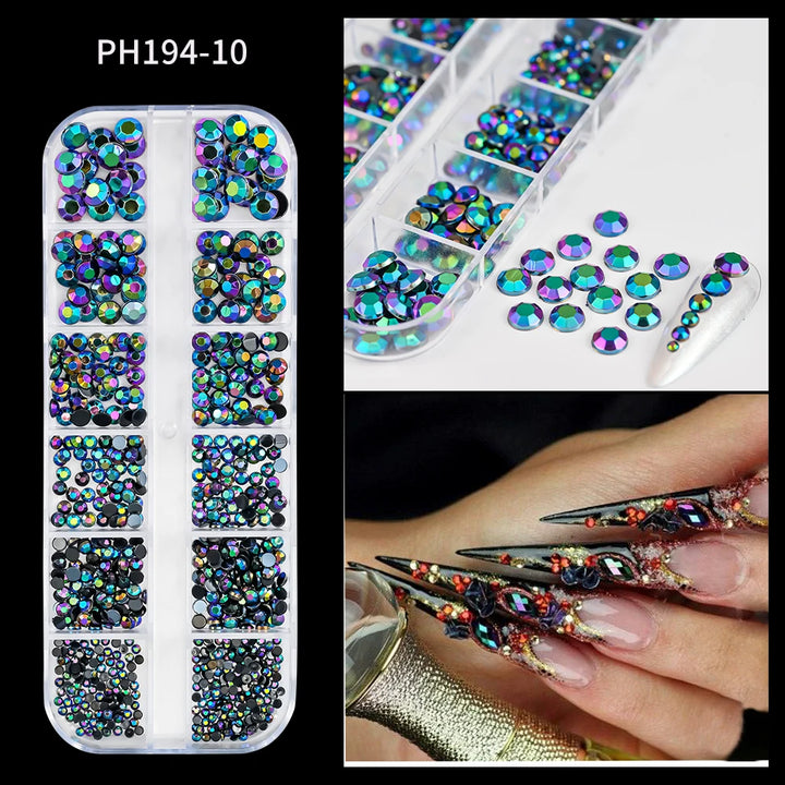 12Grids Ocean Gold Nail Art Charms Shell/Seahorse/Starfish White Half Round Pearl Gems 3D Mixed Punk Manicure Metal Rivets Studs