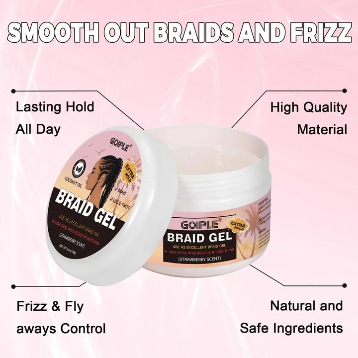 GOIPLE 5.3oz Strawberry Scent Braid Gel with Coconut Oil Loc & Twist Styling Frizz Control Smooth Hair Extra Hold Shaping Pomade