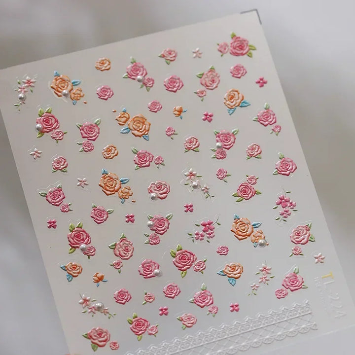 Lace Garden Bowknot Bow Tie Rose Flower Petal Pearl Irregular Border Self Adhesive 5D Nail Art Decoration Sticker Manicure Decal