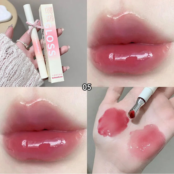 Kakashow Mirror Watery Lip Gloss Iron Brush Head Jelly Lipgloss Moisturizing Lip Tint Lipstick Nature Nude Lips Makeup Cosmetics