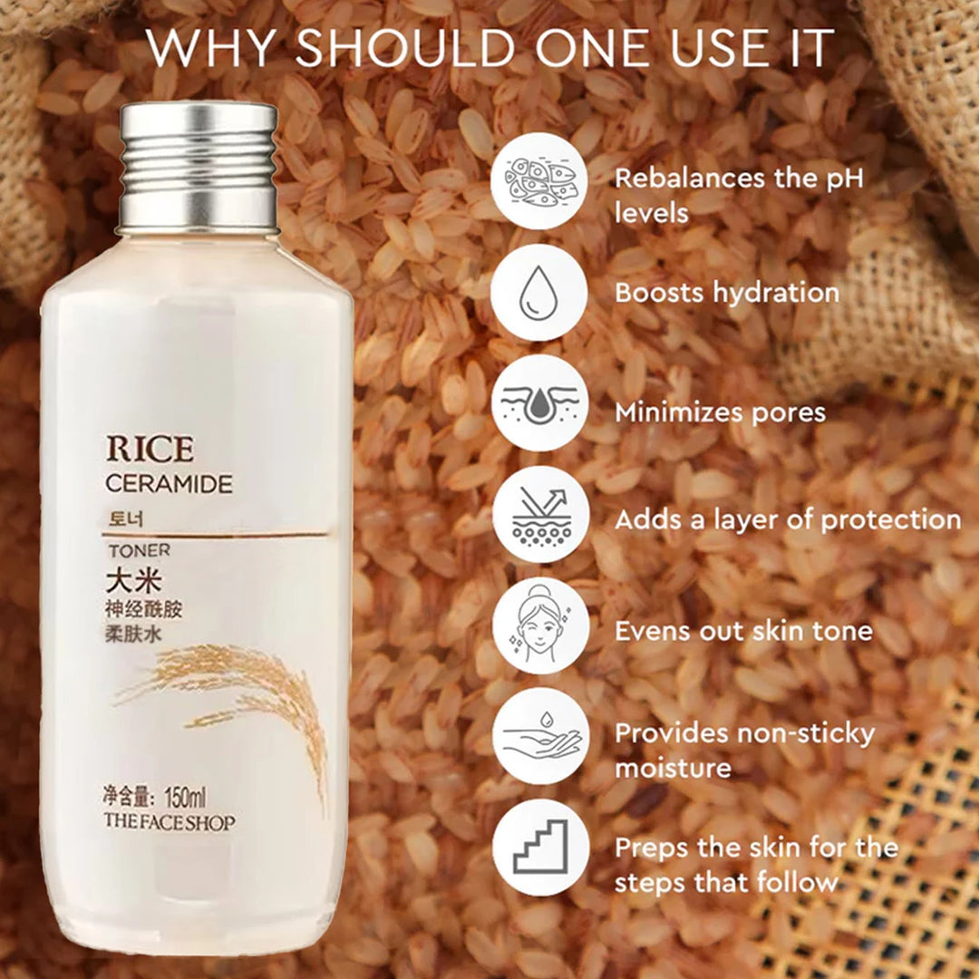 THE FACE SHOP Rice Ceramide Moisturizing Toner 150ml,Enhances Radiance,Lightweight Watery Texture,K-Beauty,Korean Makeup