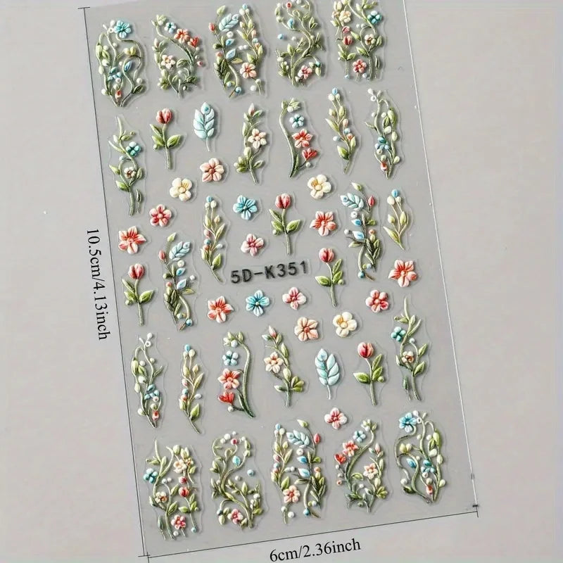 5D Embossed Green Vine Floral Nail Stickers - Matte Finish Self-Adhesive Nail Art Decals with Cartoon-Style Flowers
