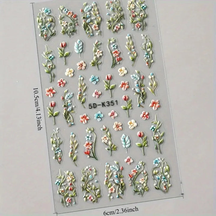 5D Embossed Green Vine Floral Nail Stickers - Matte Finish Self-Adhesive Nail Art Decals with Cartoon-Style Flowers