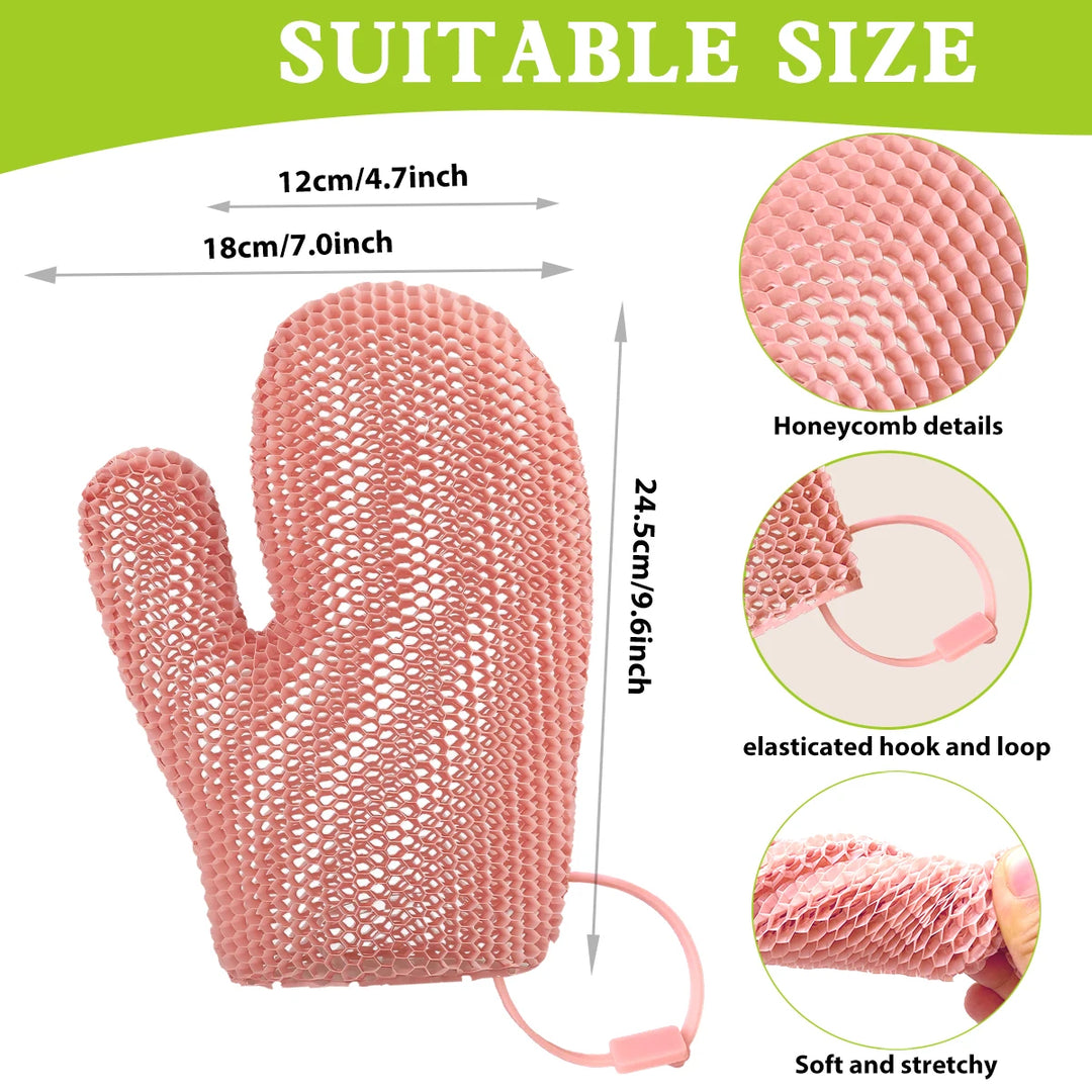 Exfoliating shower glove with colorful honeycomb weave and TPU high elasticity antibacterial material - gentle, safe and durable