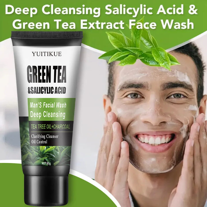 YUITIKUE Men's Facial Wash 60g - Green Tea & Salicylic Acid, Deep Cleansing, Oil Control, Tea Tree & Charcoal, For Men