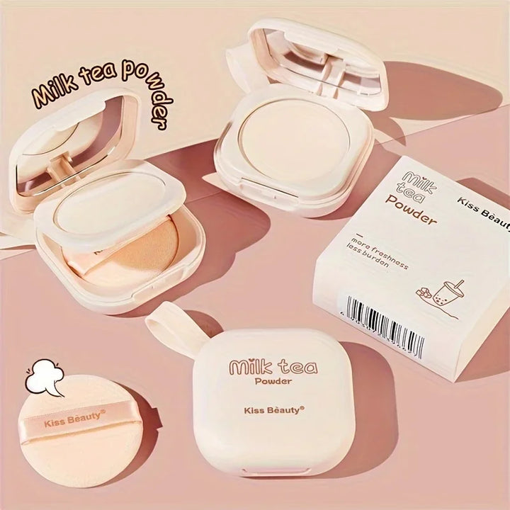 Milk Tea Waterproof Compact Powder - Full Coverage Contour and Concealer, Matte Finish, Double-Layer Portable Setting Powder