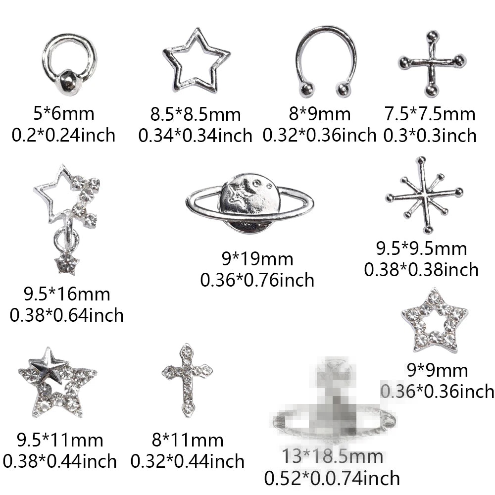 70PCS Star Nail Charms for Acrylic Nails,Silver Star Planet Cross Alloy Nail Art Decoration, Nail Stones Nail Jewels Accessorie
