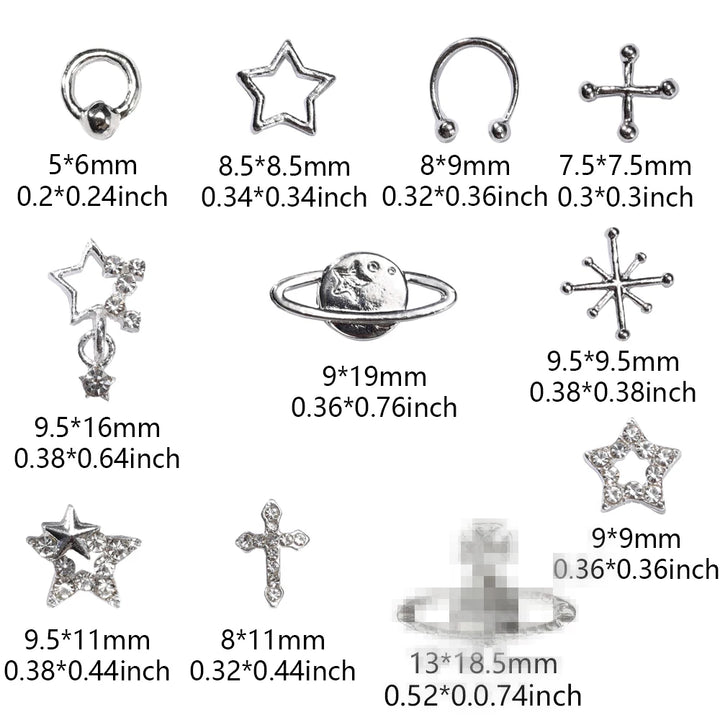 70PCS Star Nail Charms for Acrylic Nails,Silver Star Planet Cross Alloy Nail Art Decoration, Nail Stones Nail Jewels Accessorie