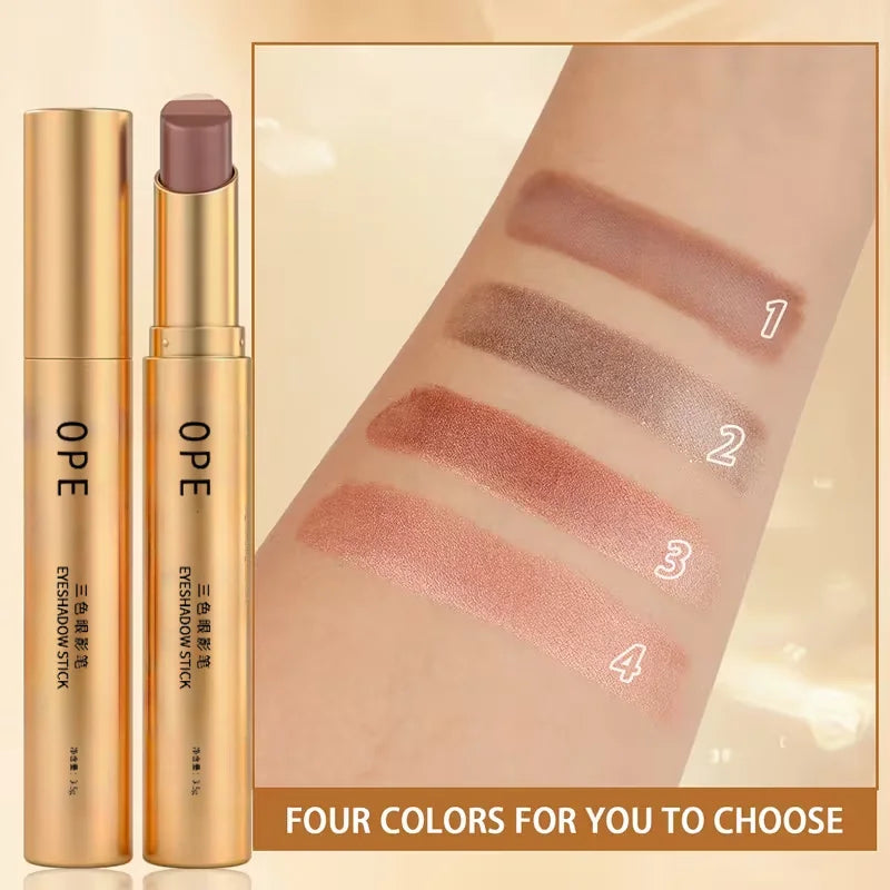 Three-Color Eyeshadow Stick, Shimmering Highlighter Eyeshadow Stick, Waterproof and Long-Lasting Pearlescent Metallic Eyeshadow