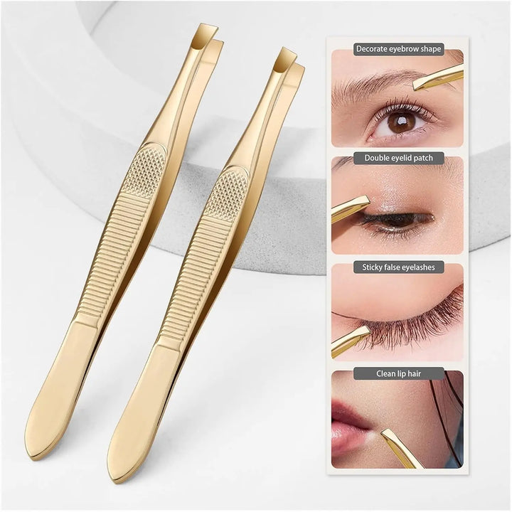 A Gold Stainless Steel Eyebrow Tweezers, With Flat And Oblique Styles, Plucking Eyebrows And Beard Pliers Tweezers Tools