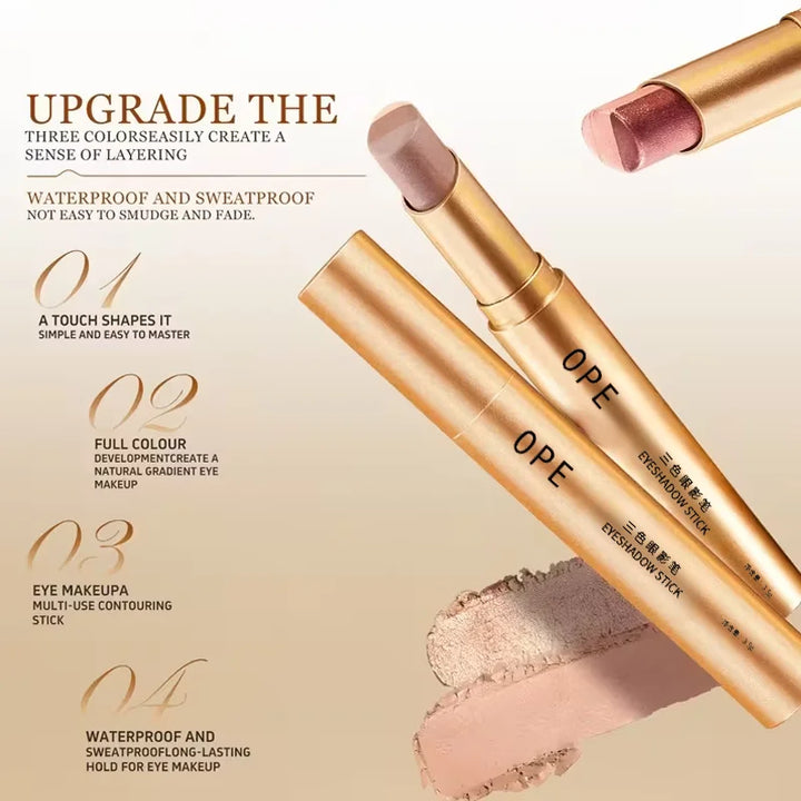 Three-Color Eyeshadow Stick, Shimmering Highlighter Eyeshadow Stick, Waterproof and Long-Lasting Pearlescent Metallic Eyeshadow
