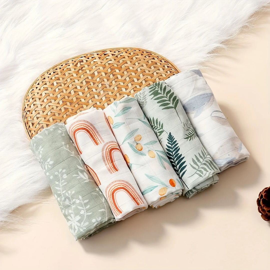 Happyflute 60x60CM Bamboo Cotton Muslin Square Towels 5-Piece Set Soft Gauze Wipes for Baby Face And Bath Newborn Baby Bibs
