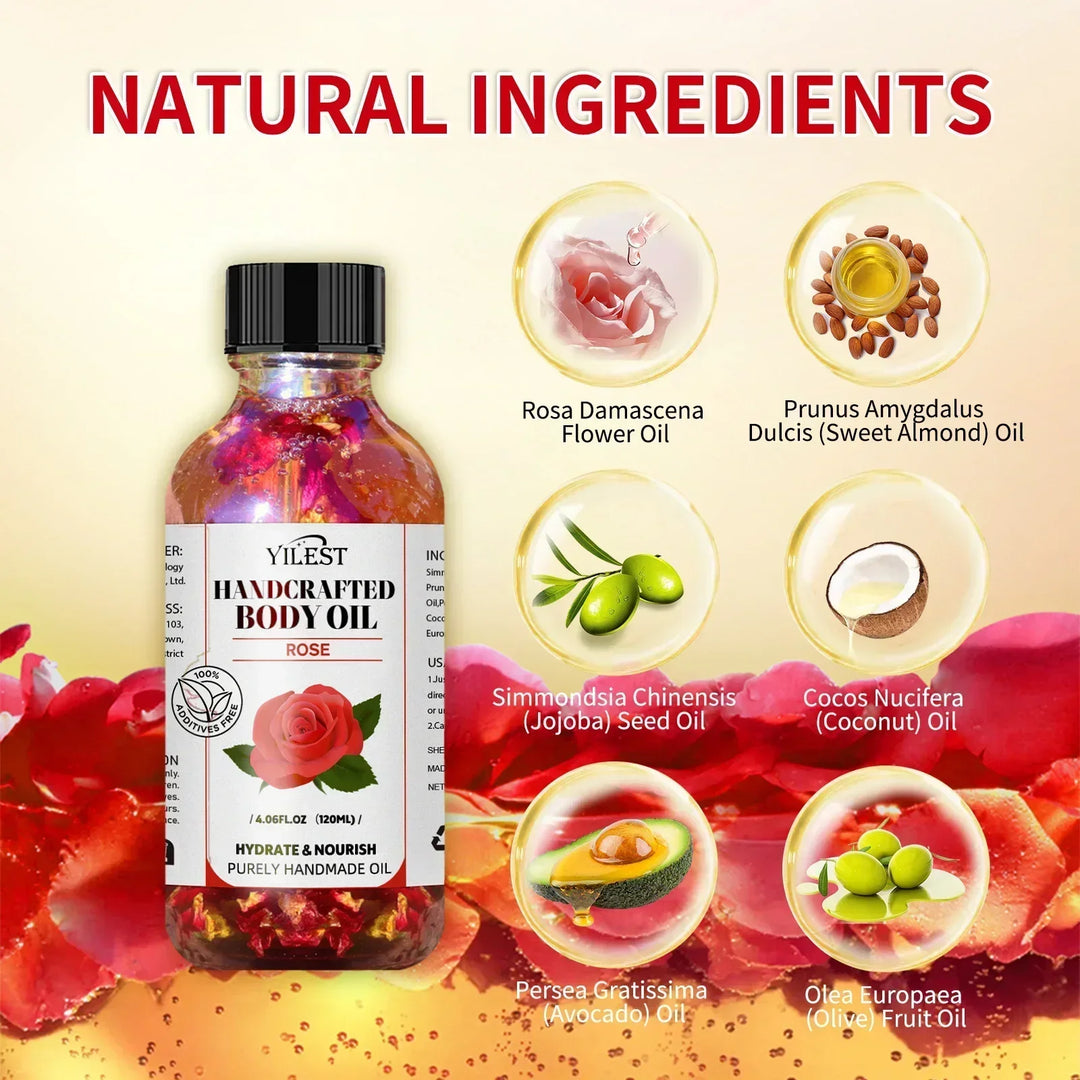 Handcrafted Rose Body Oil - 120ml Natural Blend for Dry Skin, with Jojoba & Sweet Almond Oil for Deep Hydration & Glowing Skin