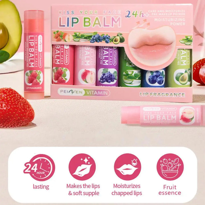 6PCs Natural Fruit Discolored Lip Balm Set Color Changing Moisturizing Lip Tint Long-Lasting Glossy Nourishing Lipstick Lip Care