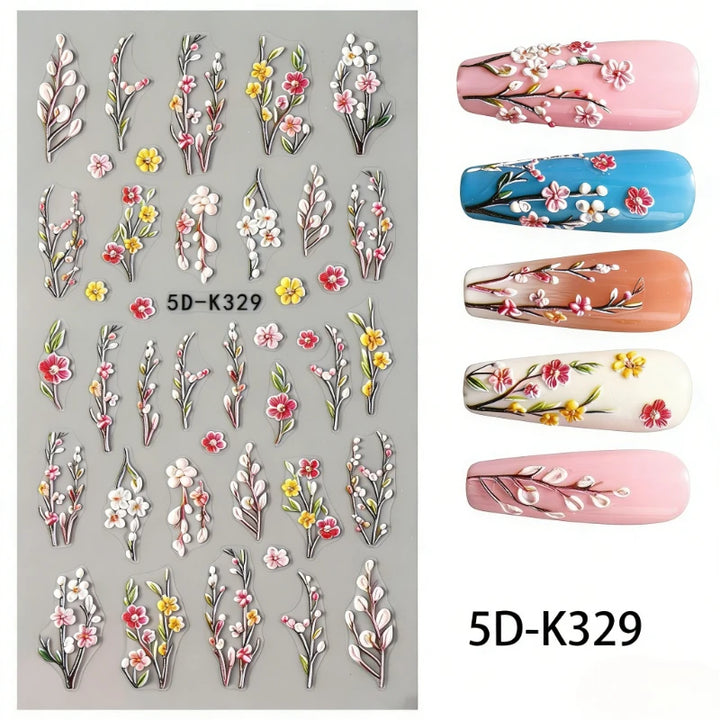 5D Embossed Green Vine Floral Nail Stickers - Matte Finish Self-Adhesive Nail Art Decals with Cartoon-Style Flowers