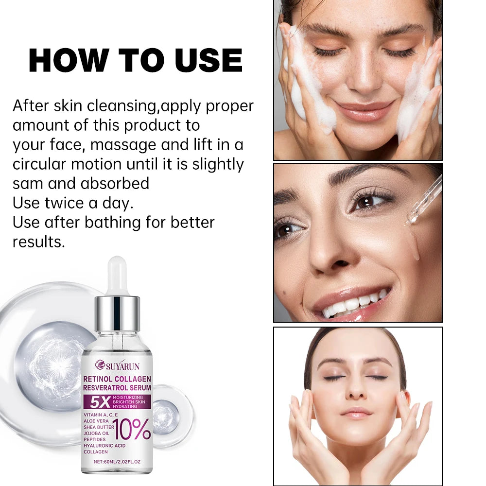 SUYARUN Retinol Resveratrol Facial Serum, Organic Brightening Moisturizer, Reduces Wrinkles & Dark Spots.