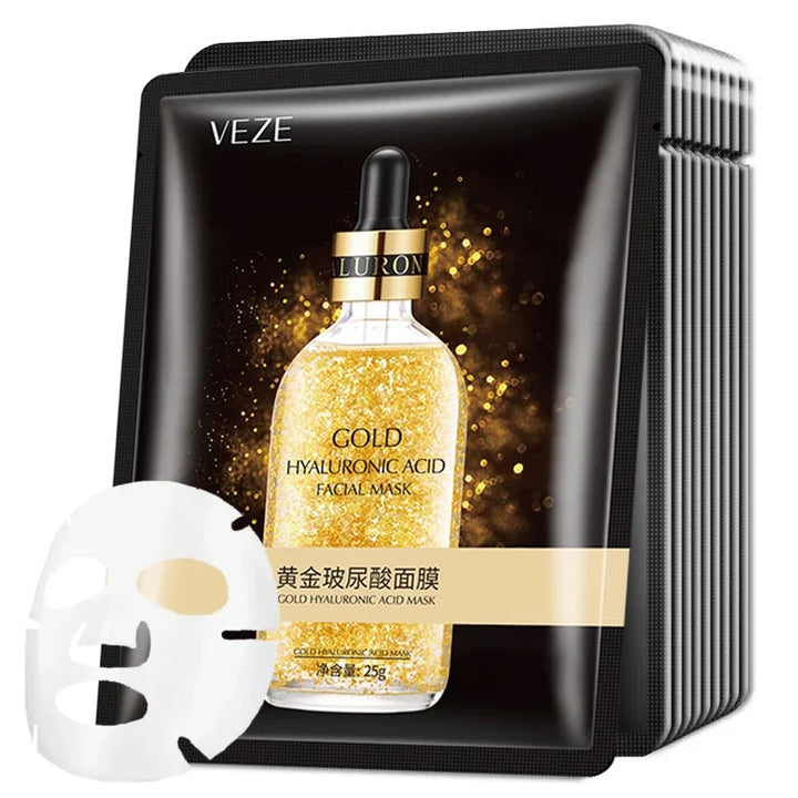 10pcs 24K Gold Hyaluronic Acid Face Mask Firming Moisturizing Hydrating Beauty skincare Sheet Masks Facial Mask Face Care