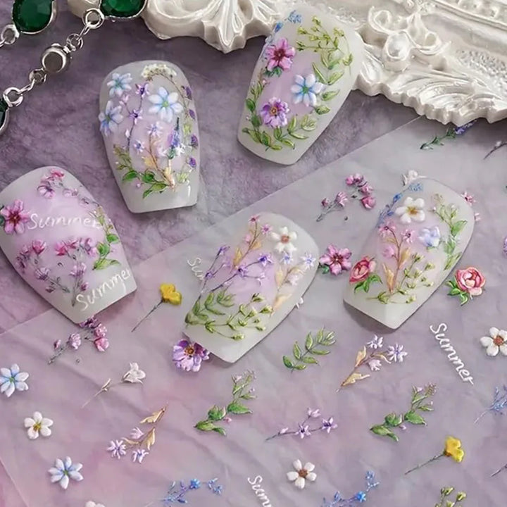 1pc Flower Nail Stickers Summer Floral Leaf Plant 5D Embossed Nail Slider Decals Self-Adhesive Nail Art Supplies Manicure Decor