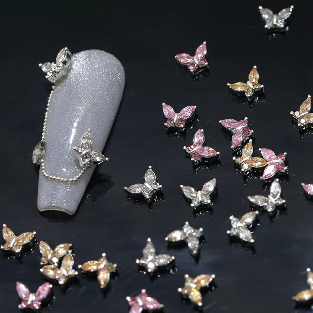 10pcs Mini 4*5mm Crystal Butterfly Nail Art Charms 3D Diamond Jewelry Parts Pink Clear Metal Manicure Decoation Rhinestones Gems