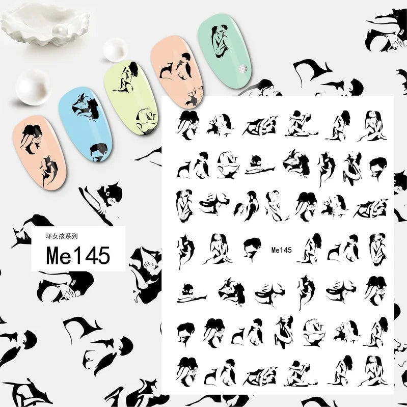 Nail Art Stickers Woman Girl Sexy Sticker Body Press on Nail Slider Black White Decal Decoration Nail Design Accessories Wraps