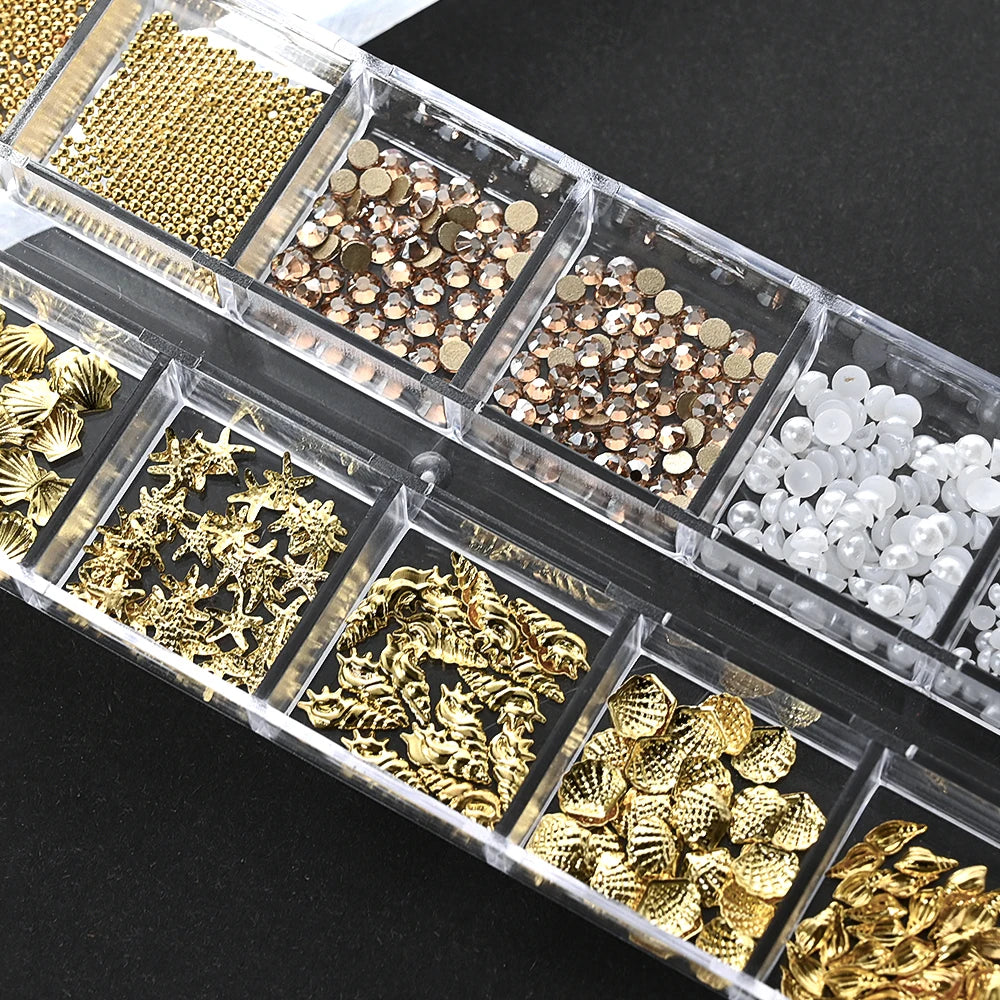 12Grids Ocean Gold Nail Art Charms Shell/Seahorse/Starfish White Half Round Pearl Gems 3D Mixed Punk Manicure Metal Rivets Studs